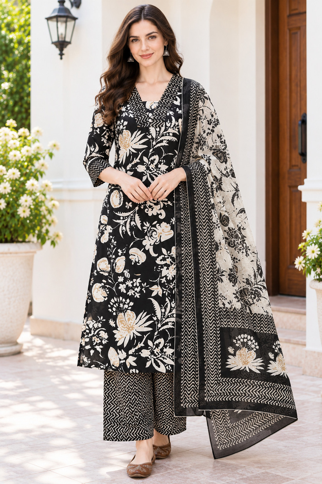 Embroidered Kurta, Palazzo & Dupatta Set