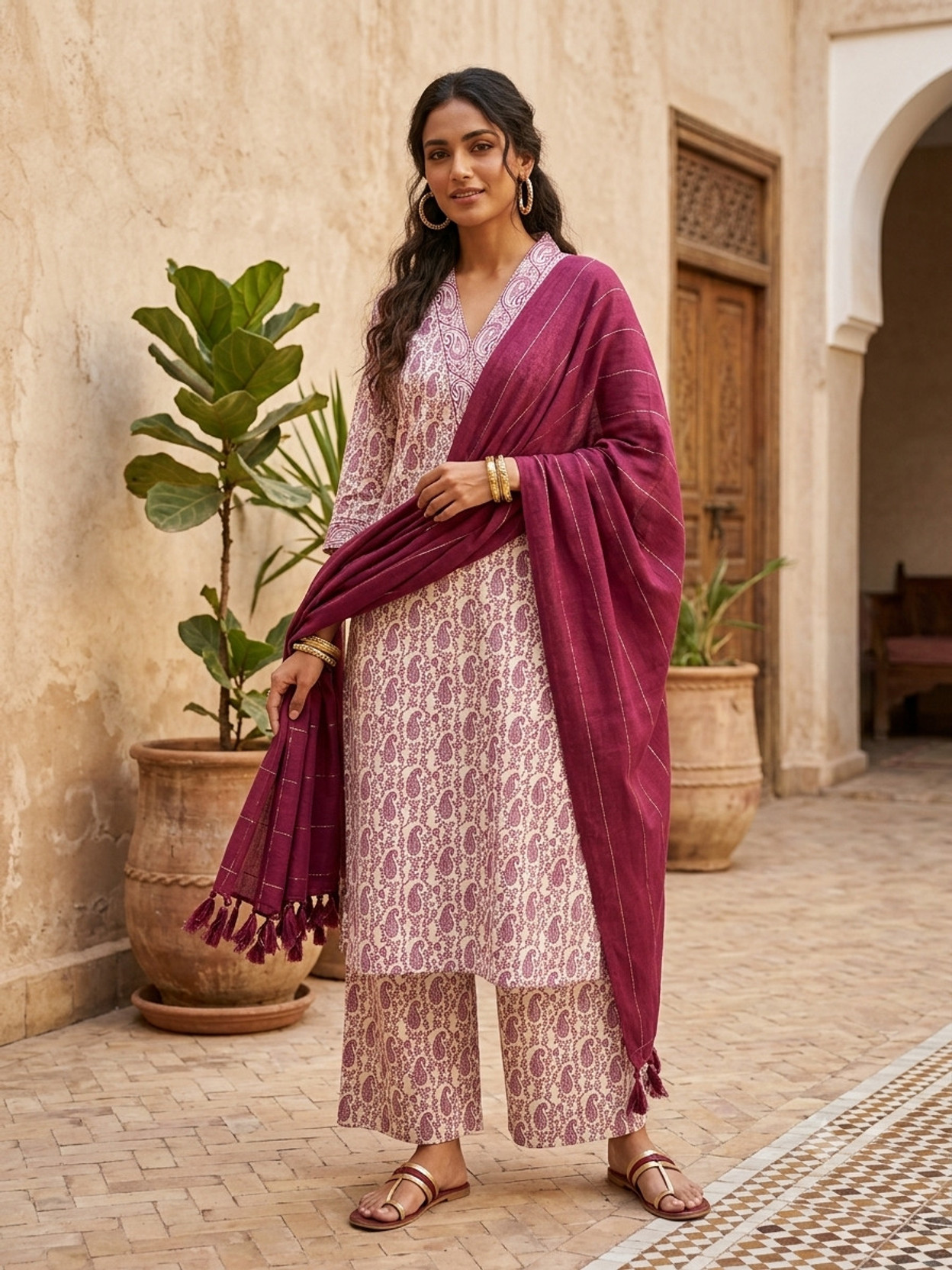 Women Khadi Cotton Kurta Palazzo Dupatta Set