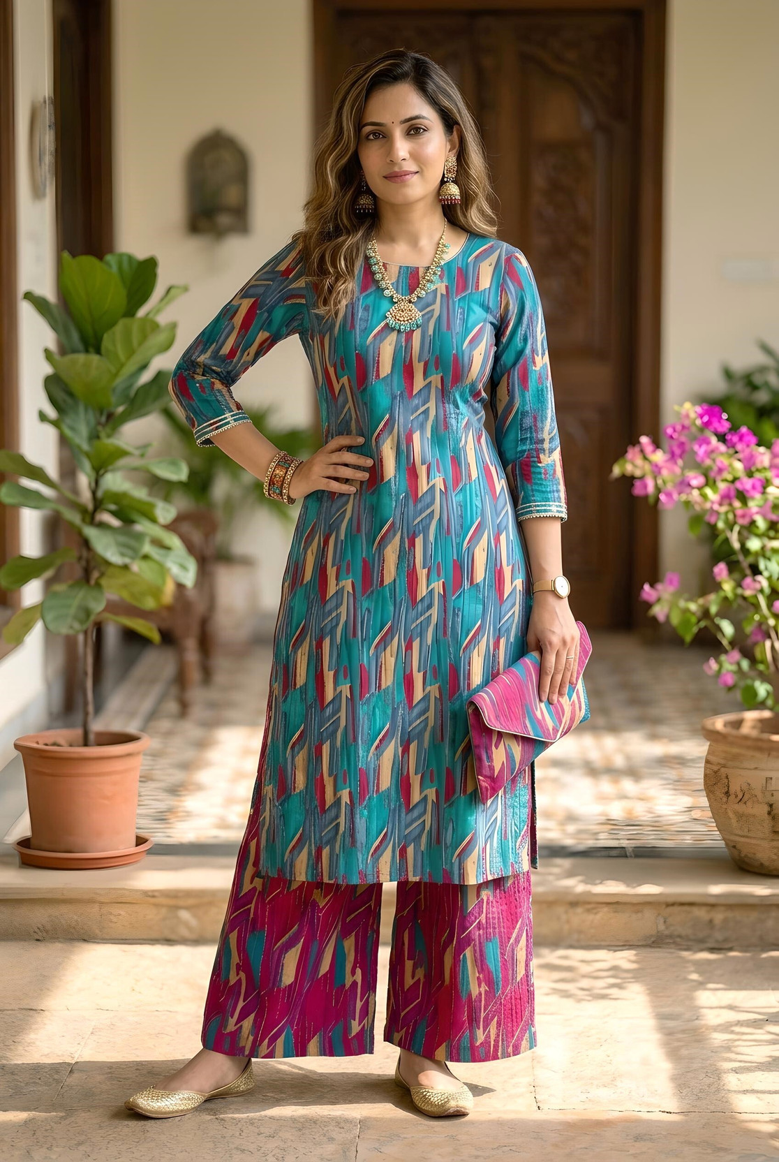 Women Cotton Blend Kurti Palazzo Set