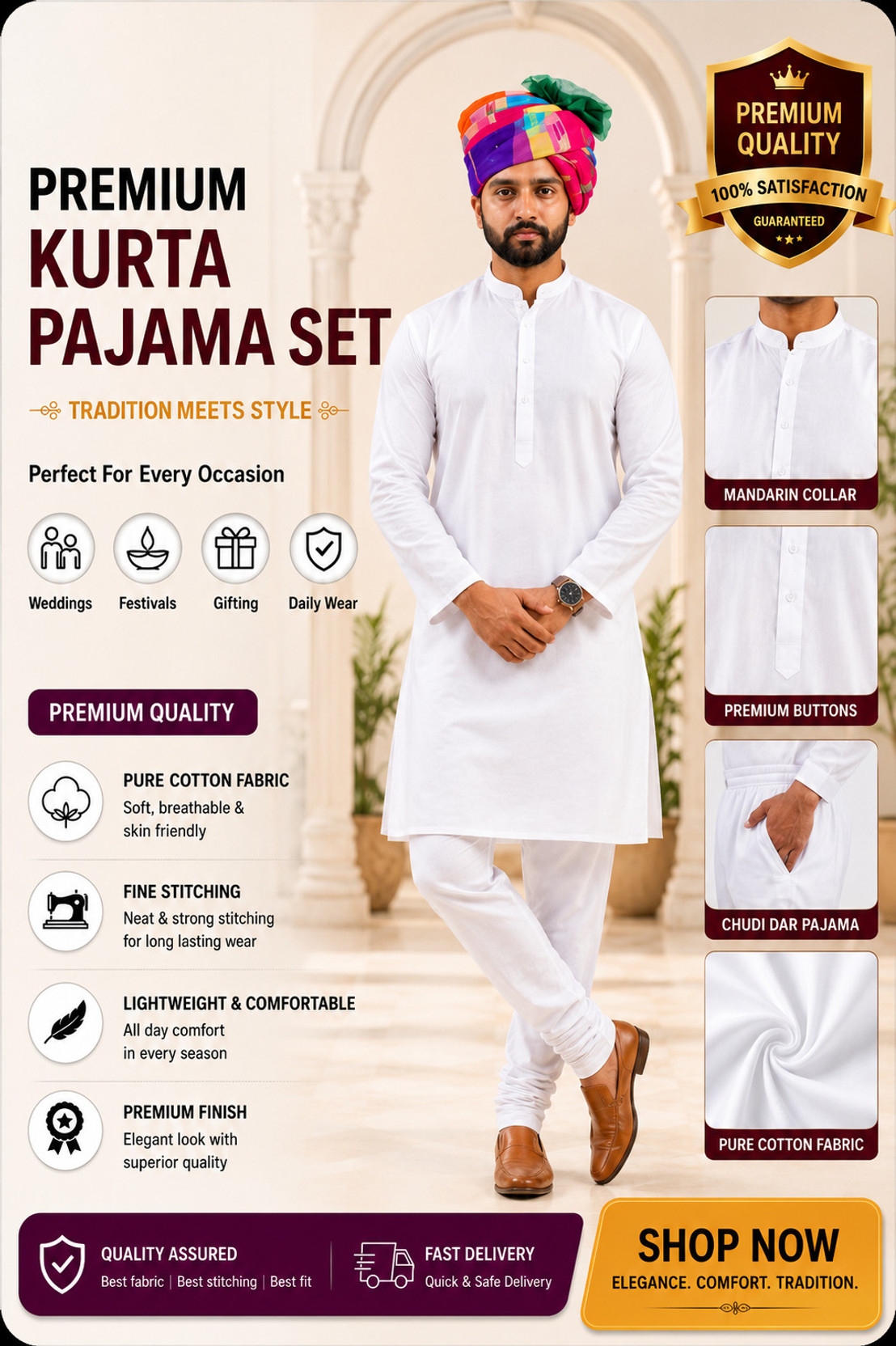 Men Pure Cotton Kurta Pyjama Set