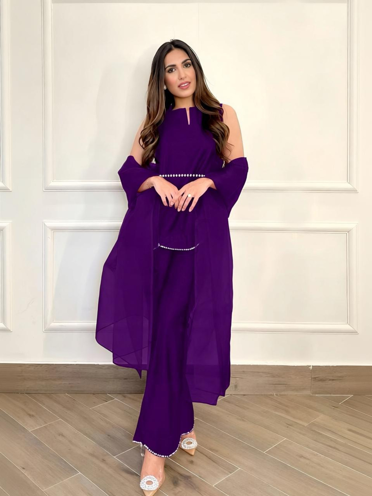Premium Cape Sleeve Tunic and Flared Pant Set with Pearl Detail. Self Design Kurta, Palazzo & Dupatta Set