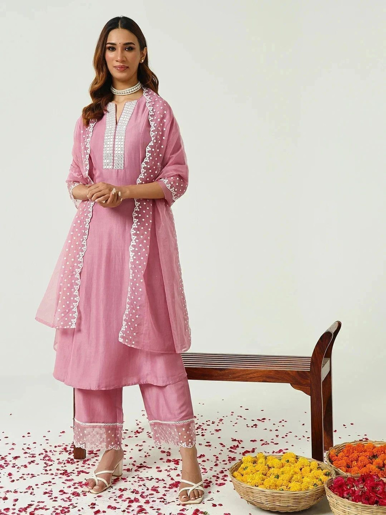 Women Silk Blend Kurta Palazzo Dupatta Set