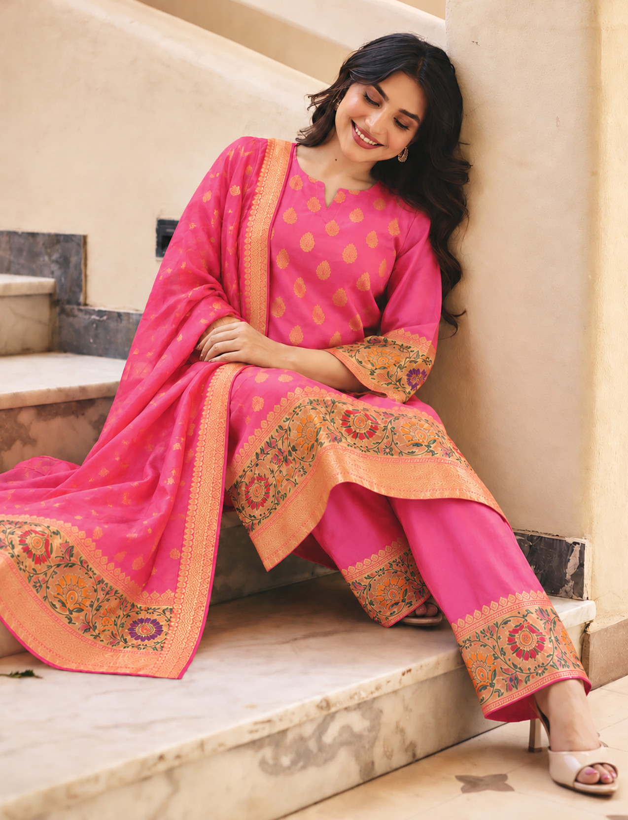 Women Art Silk Kurta Palazzo Dupatta Set