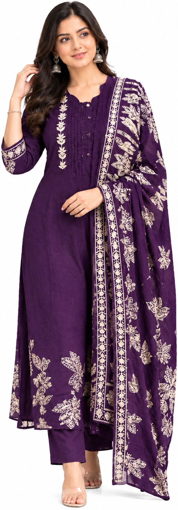 Women Cotton Rayon Kurta Sari Pant Attached Dupatta Set