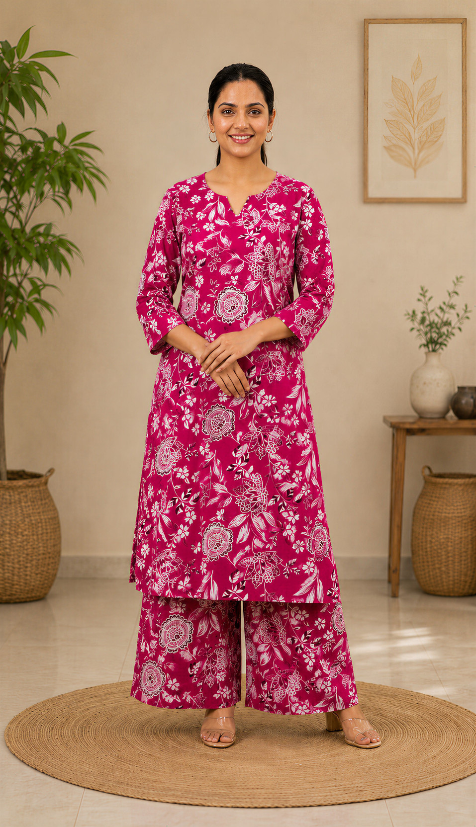 Women Cotton Blend Kurta Palazzo Set