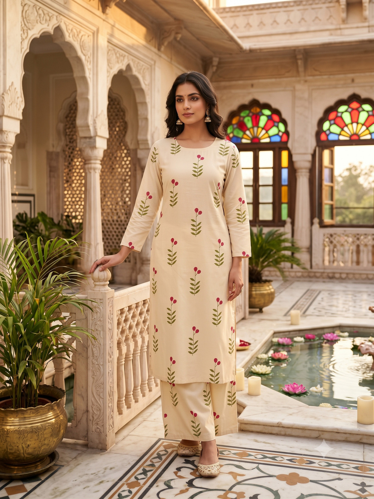 Women Cotton Blend Kurta Palazzo Set
