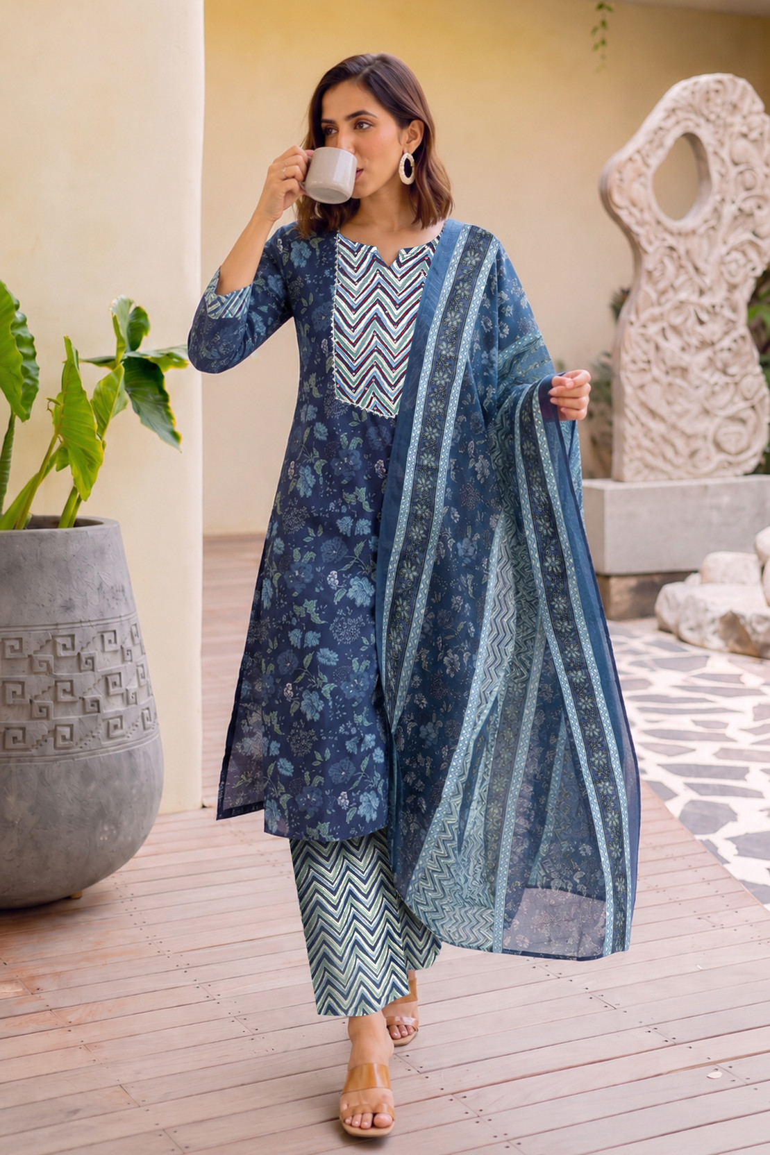 Women Pure Cotton Kurta Pant Dupatta Set
