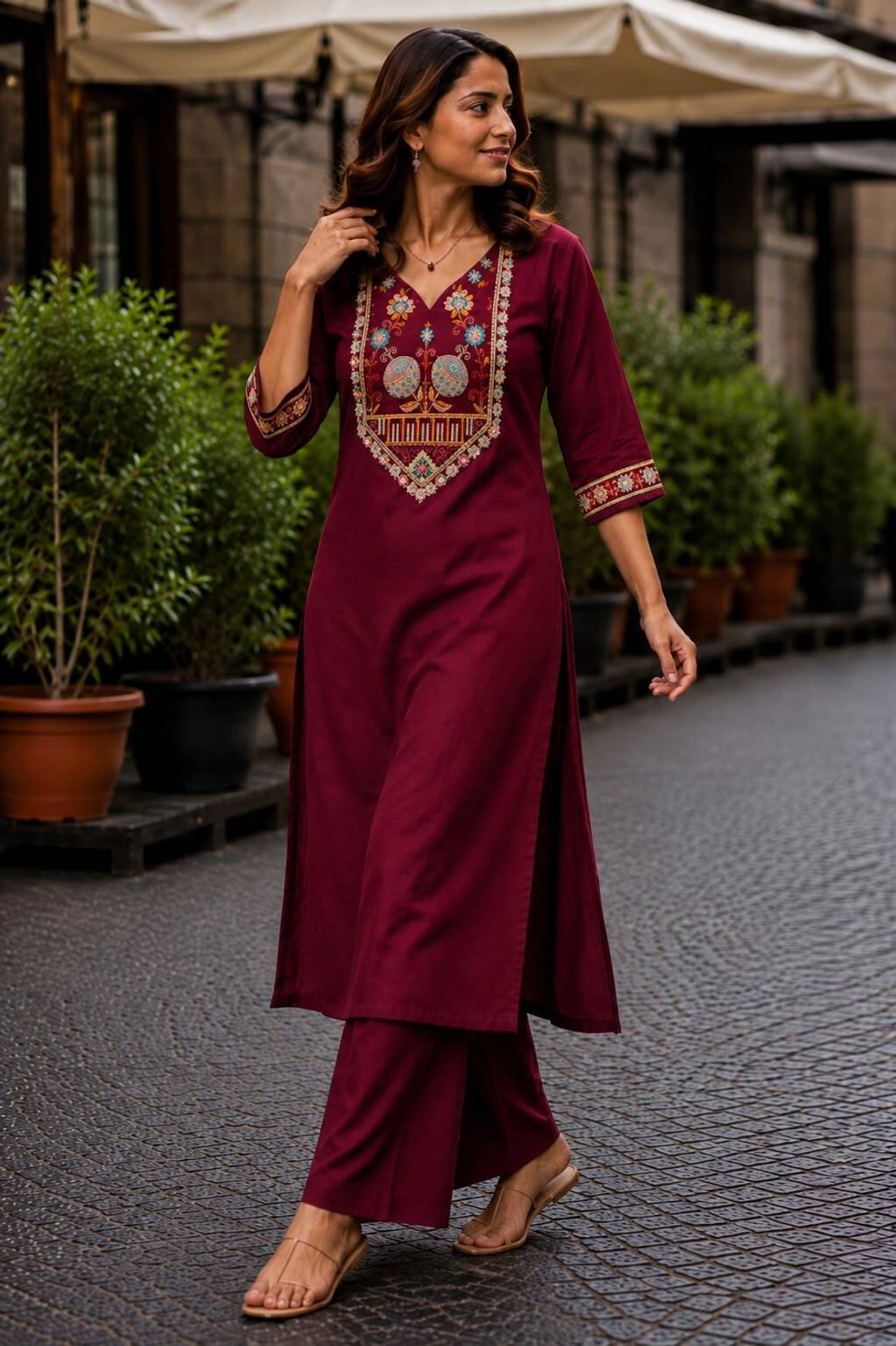 Women Cotton Blend Kurta Palazzo Set