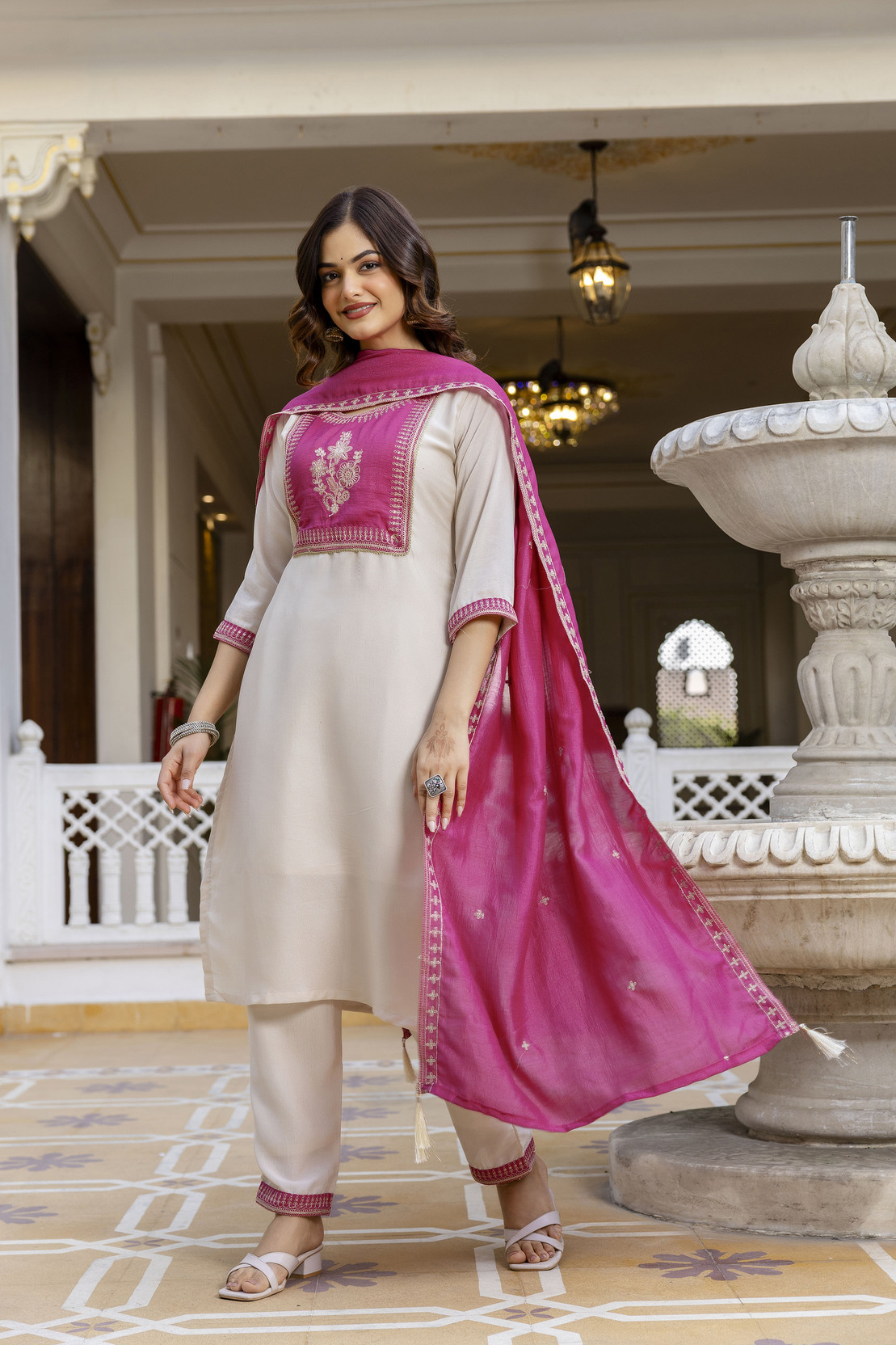 Women Cotton Silk Kurti Sari Pant Dupatta Set