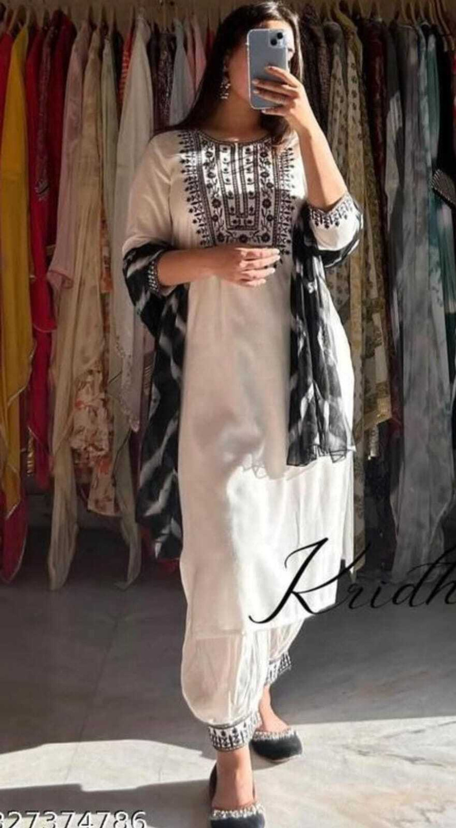 Women Cotton Rayon Kurta Sari Pant Dupatta Set