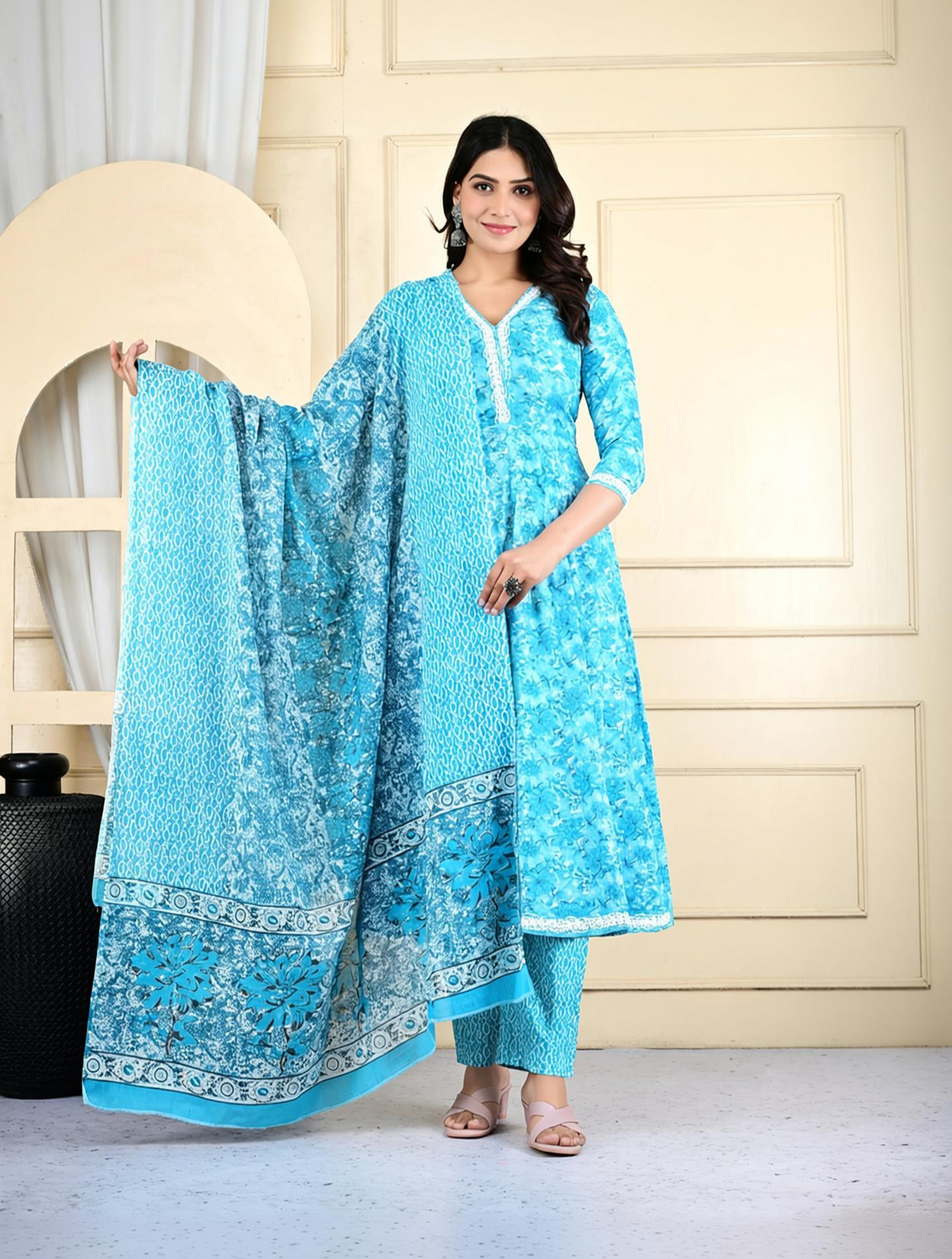 Women Pure Cotton Kurti Pant Dupatta Set