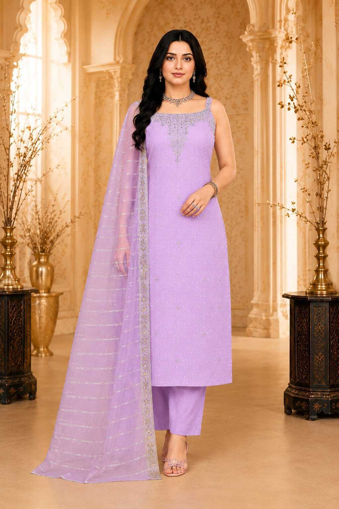 Women Cotton Blend, Net Kurti Sari Pant Dupatta Set