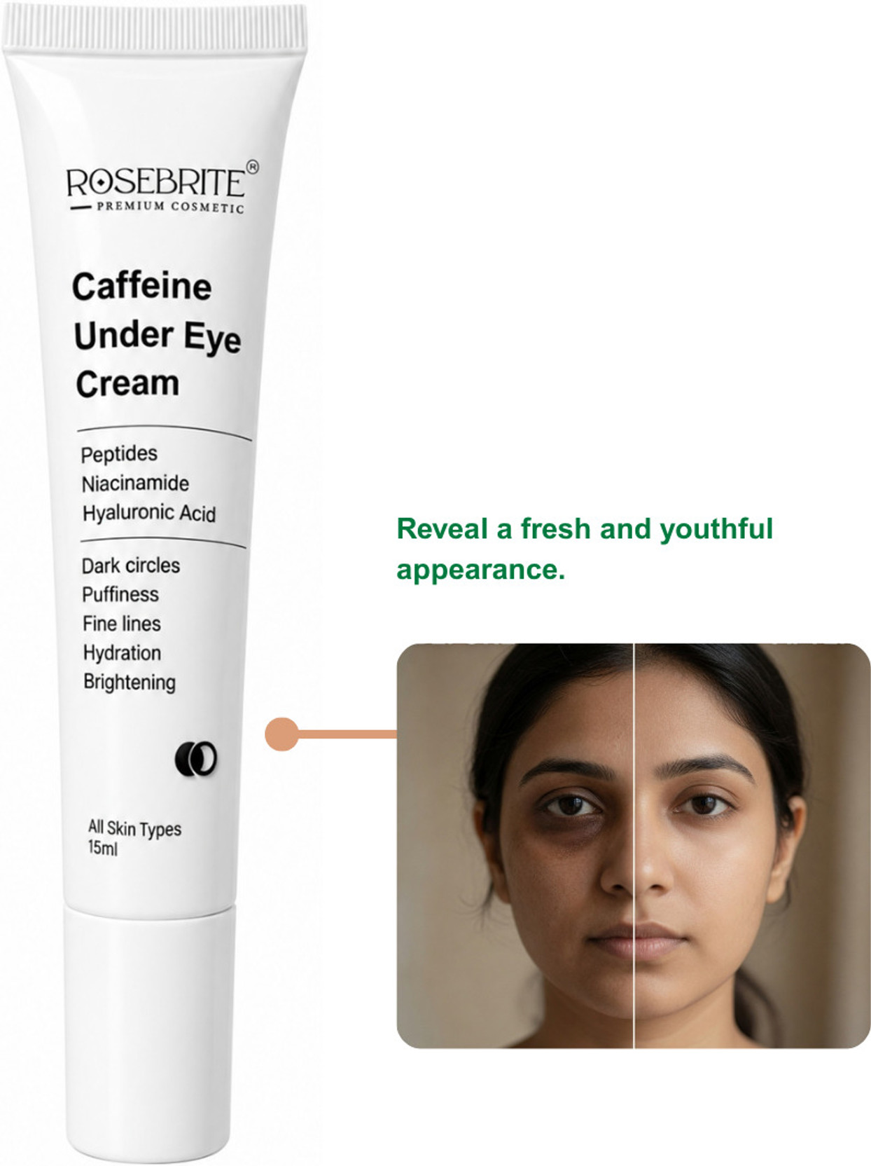 RoseBrite Under Eye Cream with Caffeine for Eye Bags & Daily Repair Care