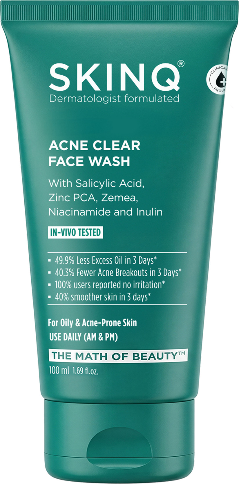 SKINQ Acne Clear | Oily Skin with Salicylic Acid | Reduces Acne & Excess Oil in 3 Days | In-Vivo Tested | Sulphate-Free | For Oily, Acne-prone & Sensitive Skin | 100ml Face Wash