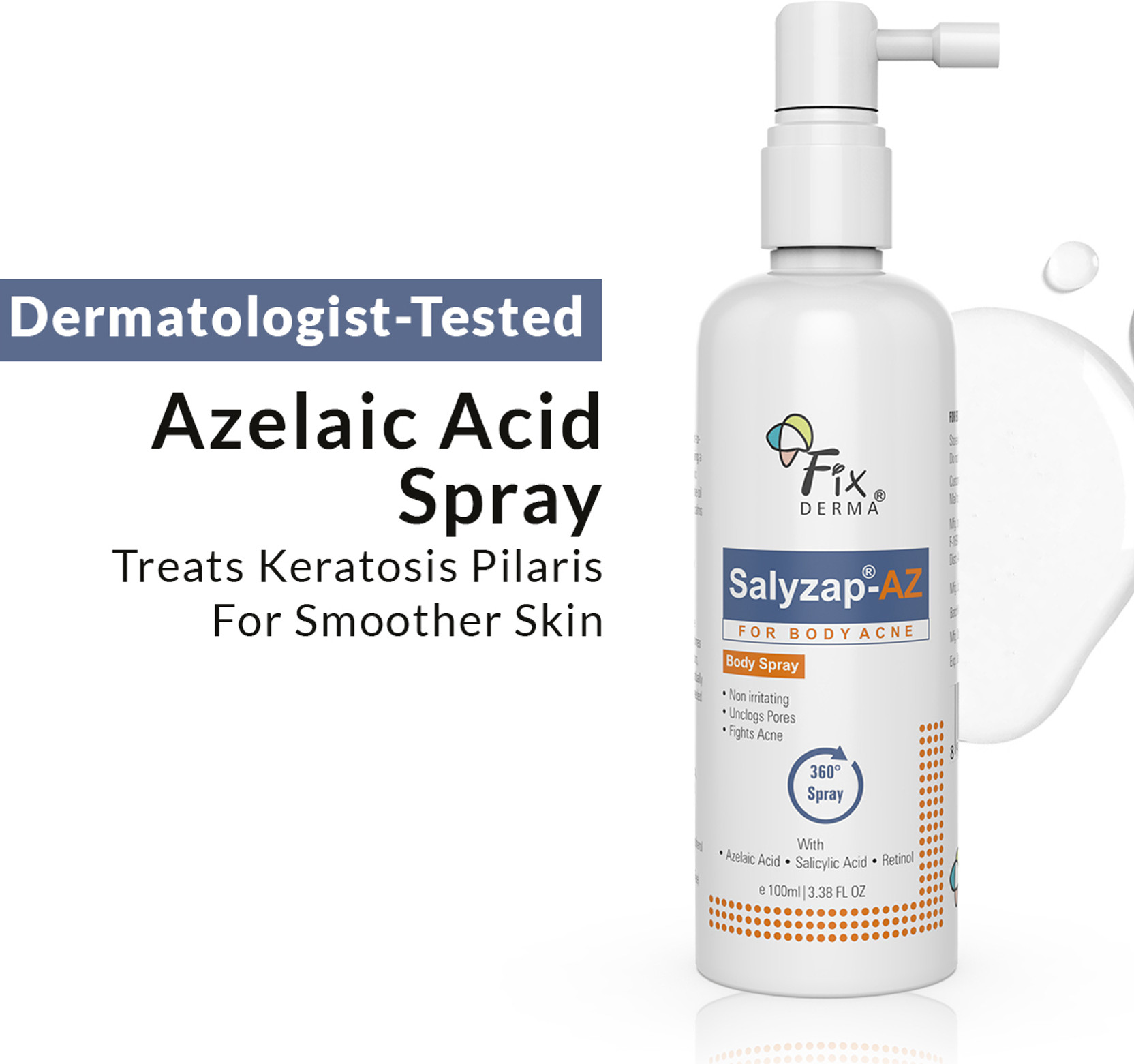 Fixderma 2% Salicylic Acid & 2% Azelaic Acid Salyzap AZ Acne Body Spray For Body Acne Face Wash