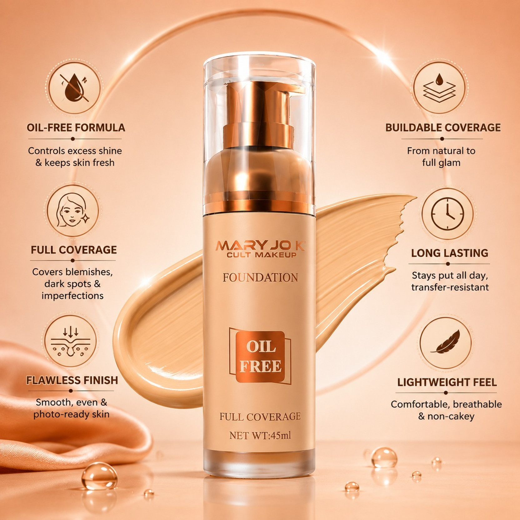 MARY JO K Oil-Free Full Coverage Foundation | Matte Airbrushed | Lightweight Base Longwear Foundation