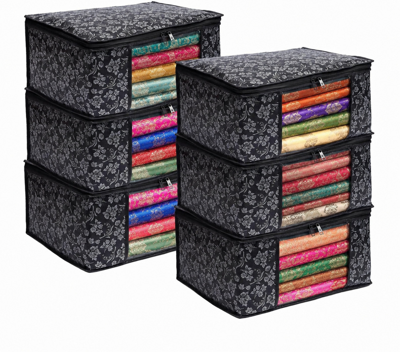 ZYRA HOME Non-Woven Saree Storage Organizer Bag with Transparent Window & Zipper for Clothes, Sarees | Wardrobe Storage Box | (45 x 33.5 x 22 cm, Pack of 6)