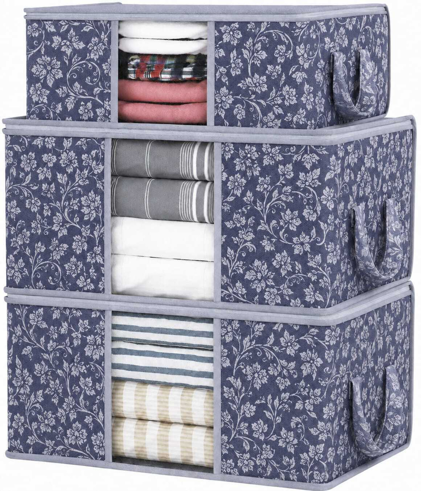crafty craft Pack of 3 Floral Print Blanket Storage Bags with Transparent Window Large Capacity Zip Storage Organizer for Quilts, Comforters, Sarees & Clothes | Foldable Wardrobe Storage Box with Hand