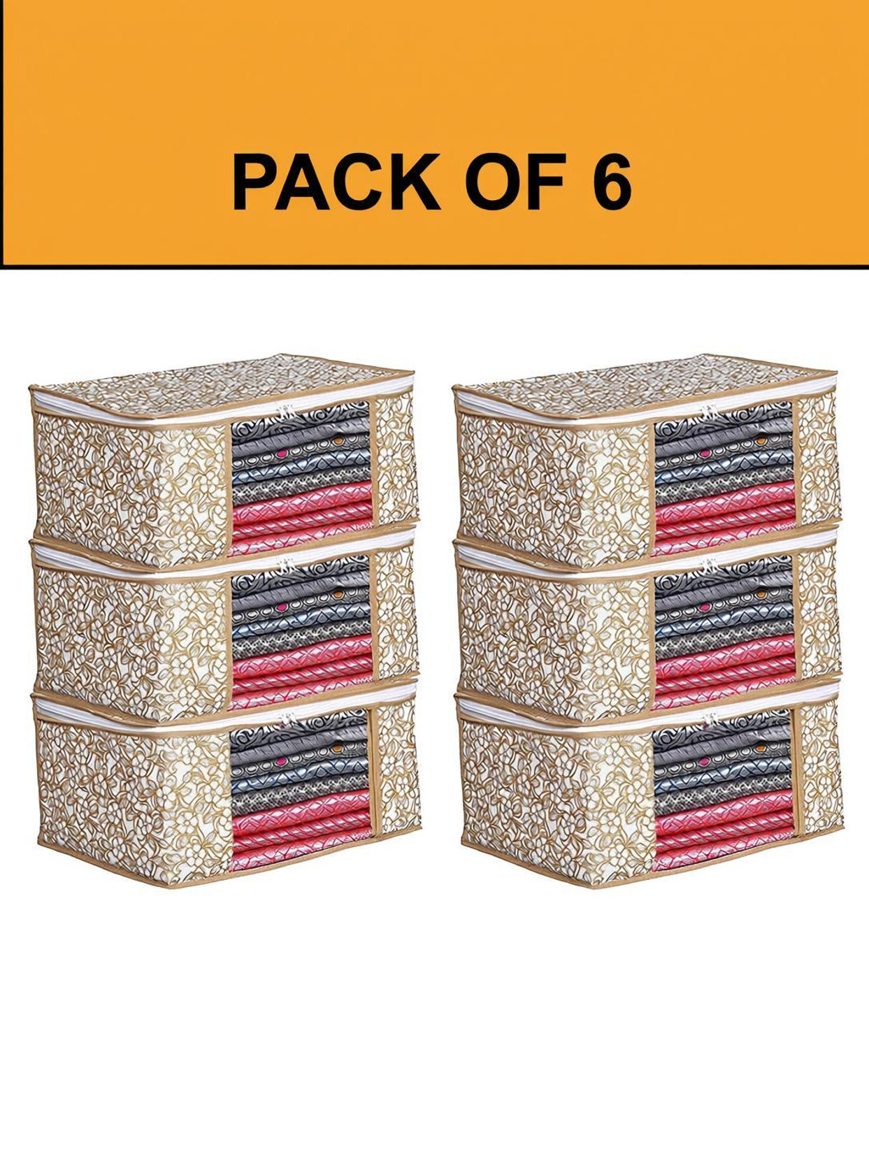 THOBHAN Non Woven Foldable Saree Covers Bag, Clothes Storage Bags, Wardrobe Organizer Transparent Window & Zip For Lehenga, Suit, Dress,& Accessories, PACK OF 6