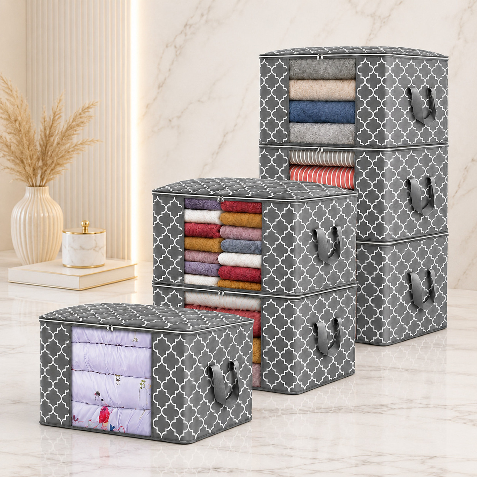 STORAZE Multipurpose Storage Organizer Foldable Non Woven Clothes Storage Bags with Zipper for Wardrobe Pack of 6 Cloth cover pack of 6