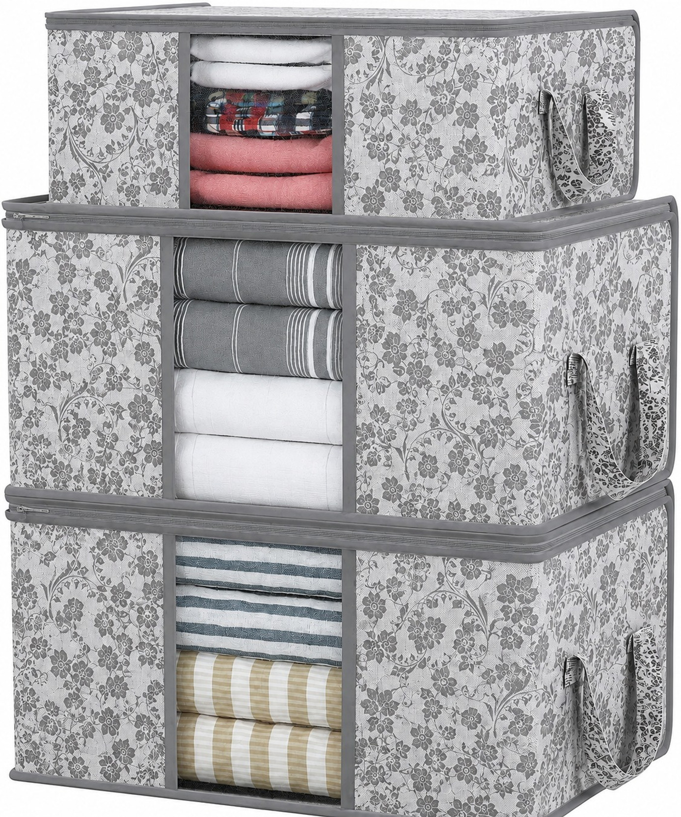 crafty craft Combo of 3 Floral Print Blanket Storage Bags with Transparent Window Large Capacity Zip Storage Organizer for Quilts, Comforters, Sarees & Clothes | Foldable Wardrobe Storage Box with Han