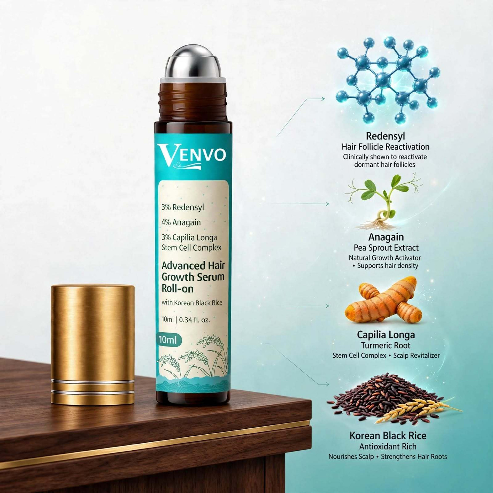 venvo Roll On Advance Hair Growth Serum For Women With Korean Black Rice And Rosemary