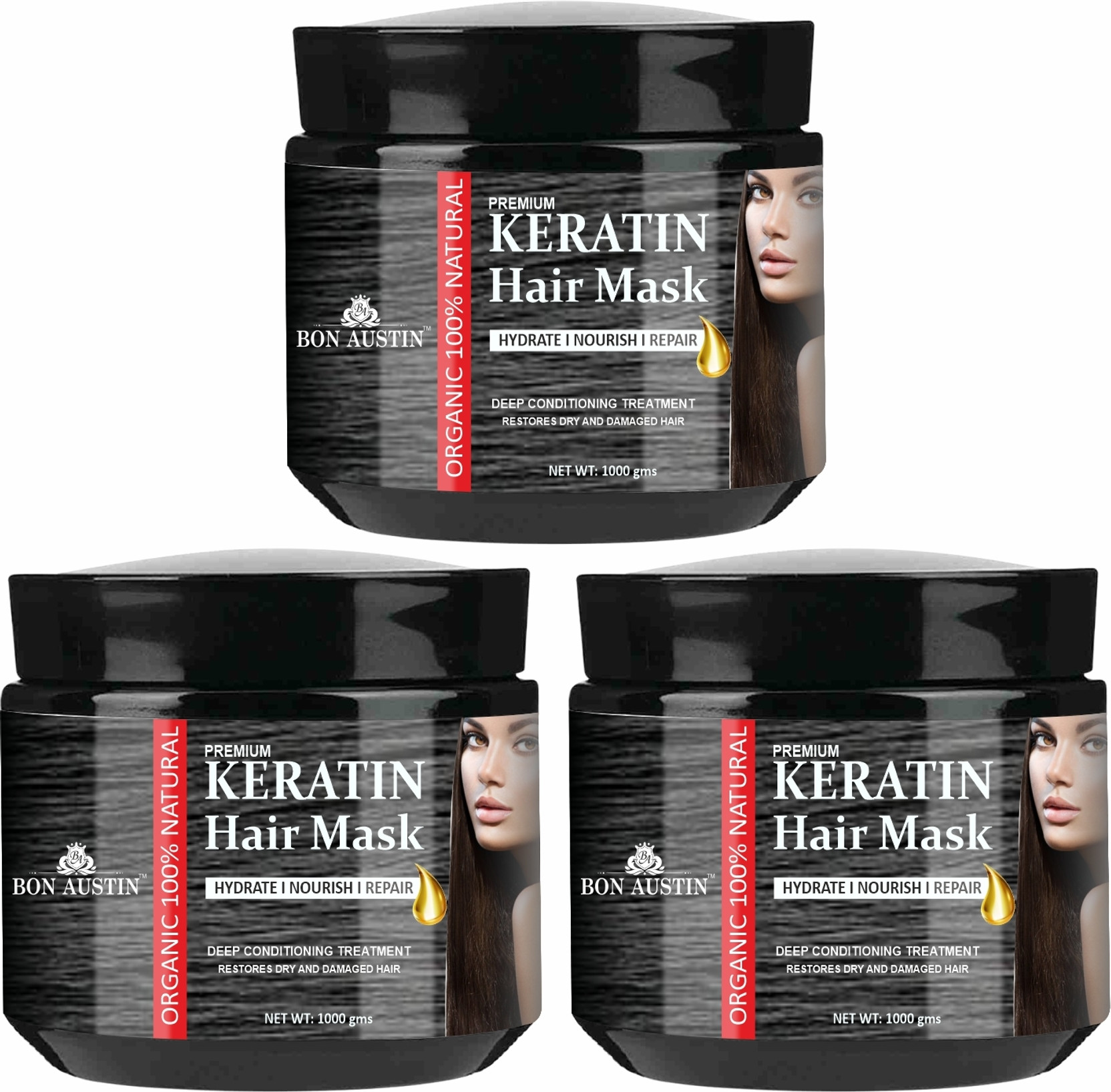 Bon Austin Keratin Hair Mask Deep Condition Treatment for Frizz Free Hair Pack 3 of 1000Gms