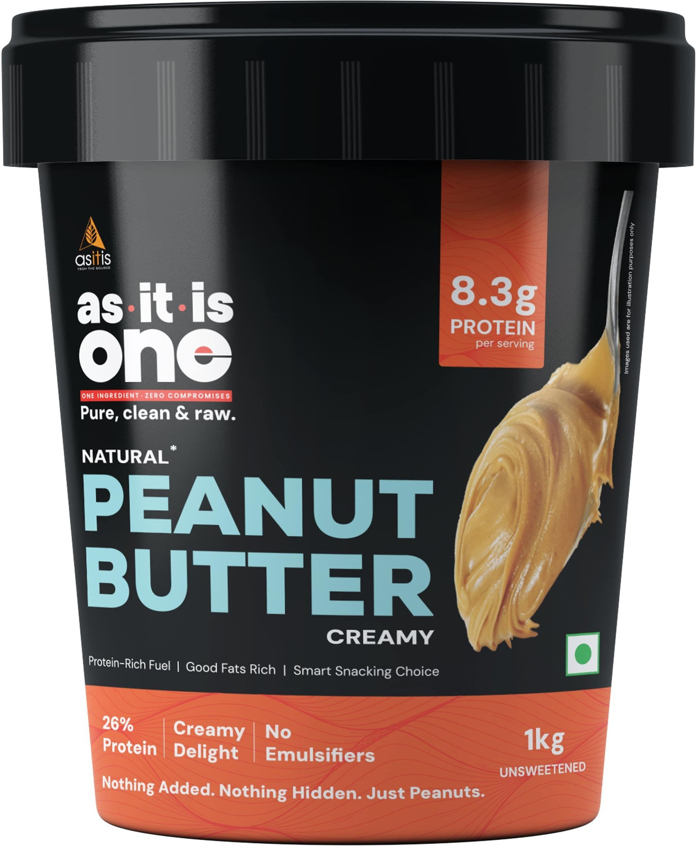 AS-IT-IS Nutrition ONE High Protein Peanut Butter Creamy, Healthy Fats & Fibre, No Added Sugar