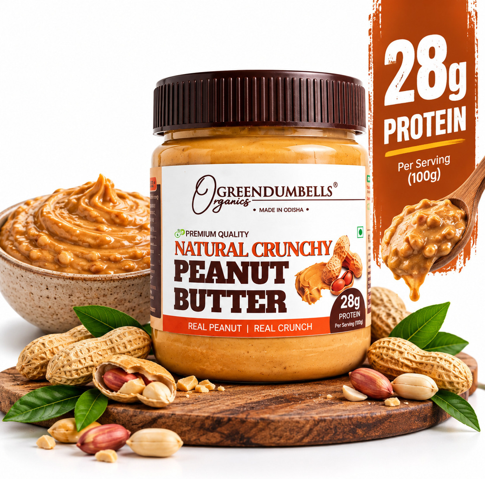 Greendumbells Organics Sugar Free Peanut Butter 340gm Natural Crunch | 100% Roasted Peanuts
