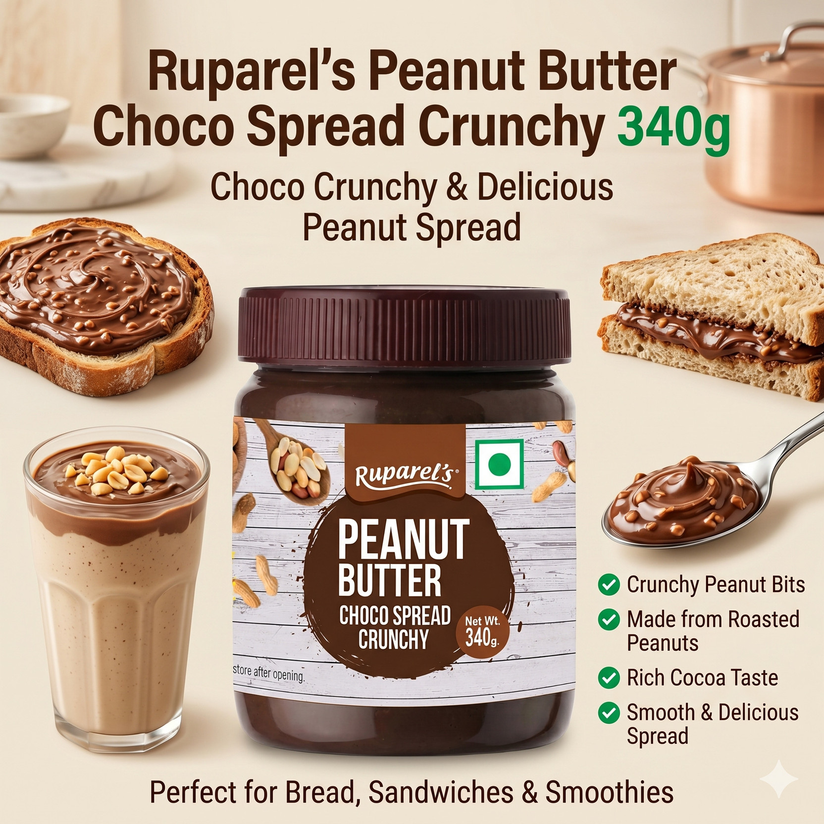 ruparel's CHOCOLATE CRUNCHY PEANUT BUTTER CHOCO SPREAD CRUNCHY 340G TASTY & HEALTHY