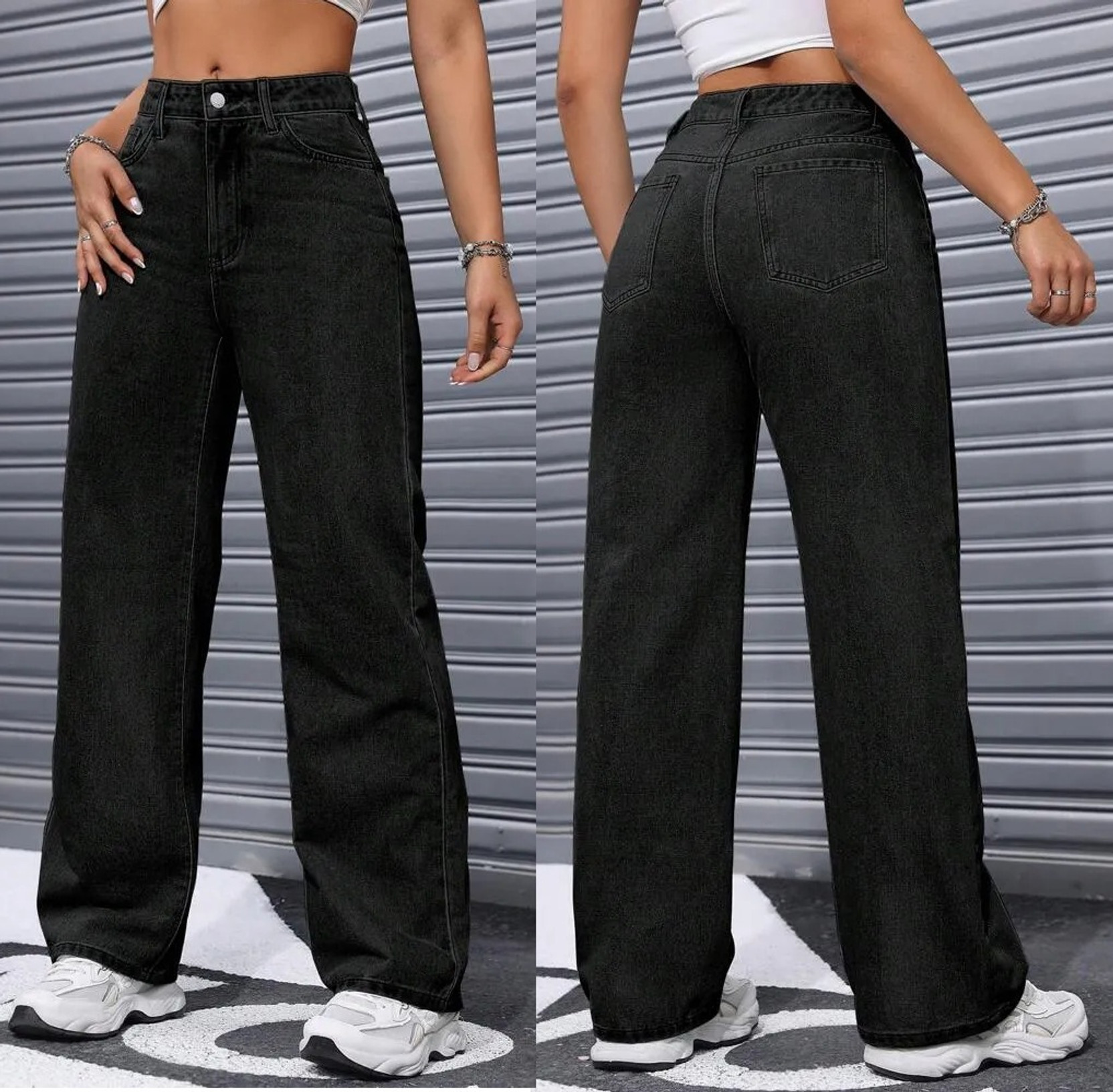 Women Wide Leg High Rise Black Jeans