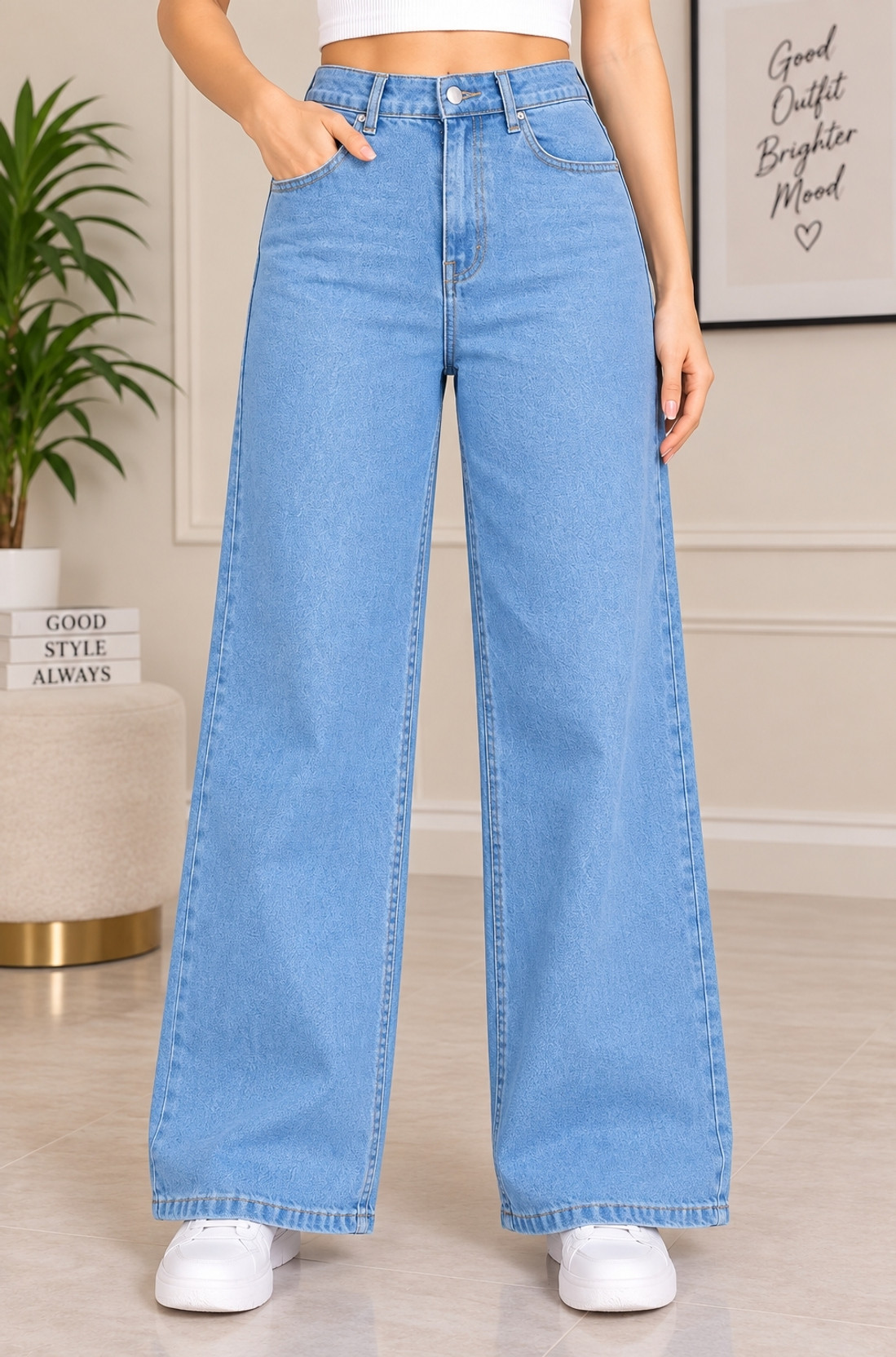 Women Wide Leg High Rise Light Blue Jeans