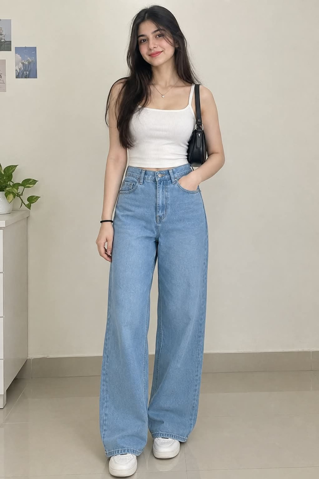 Women Wide Leg High Rise Light Blue Jeans