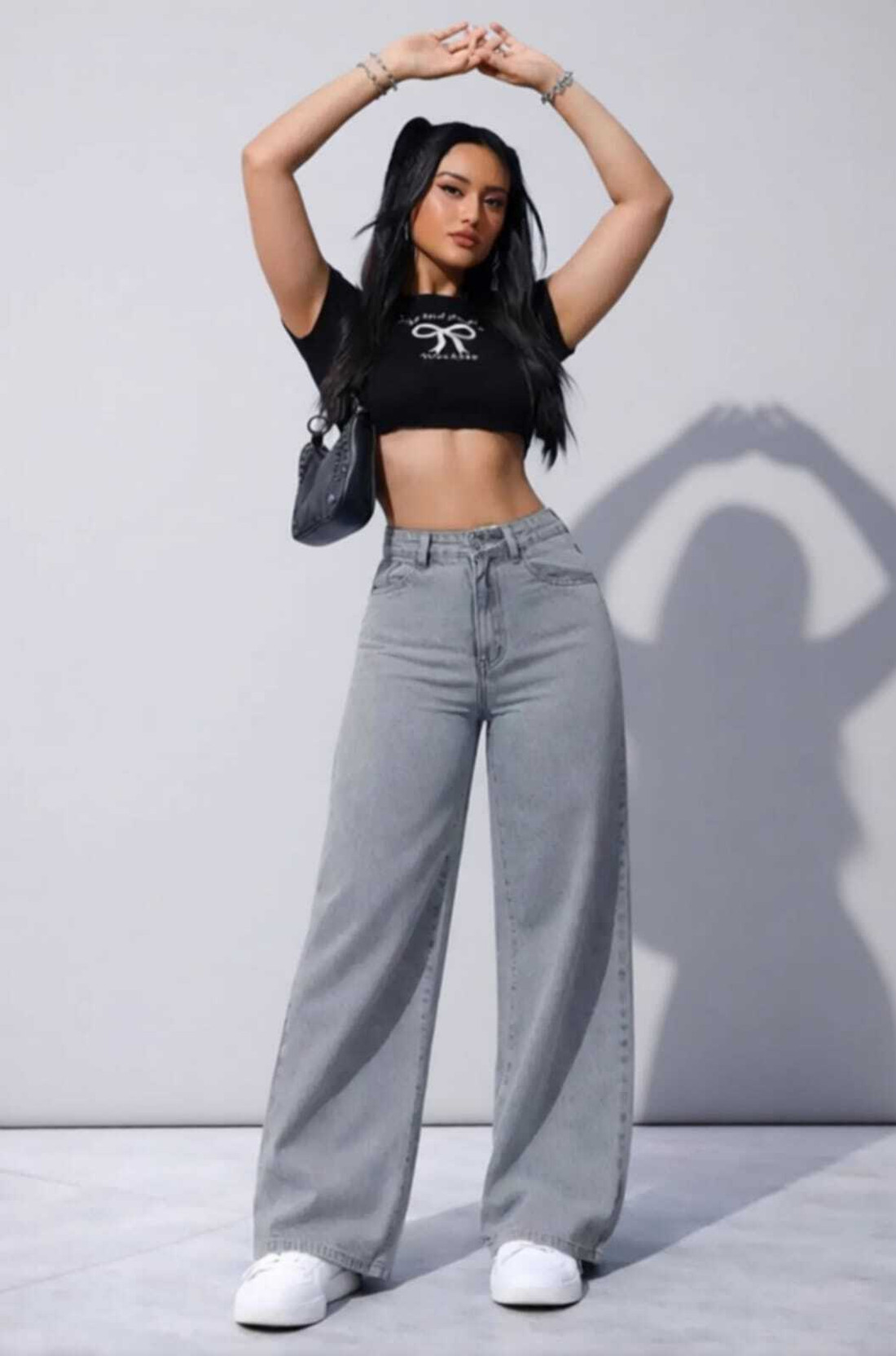 Women Wide Leg Mid Rise Grey Jeans