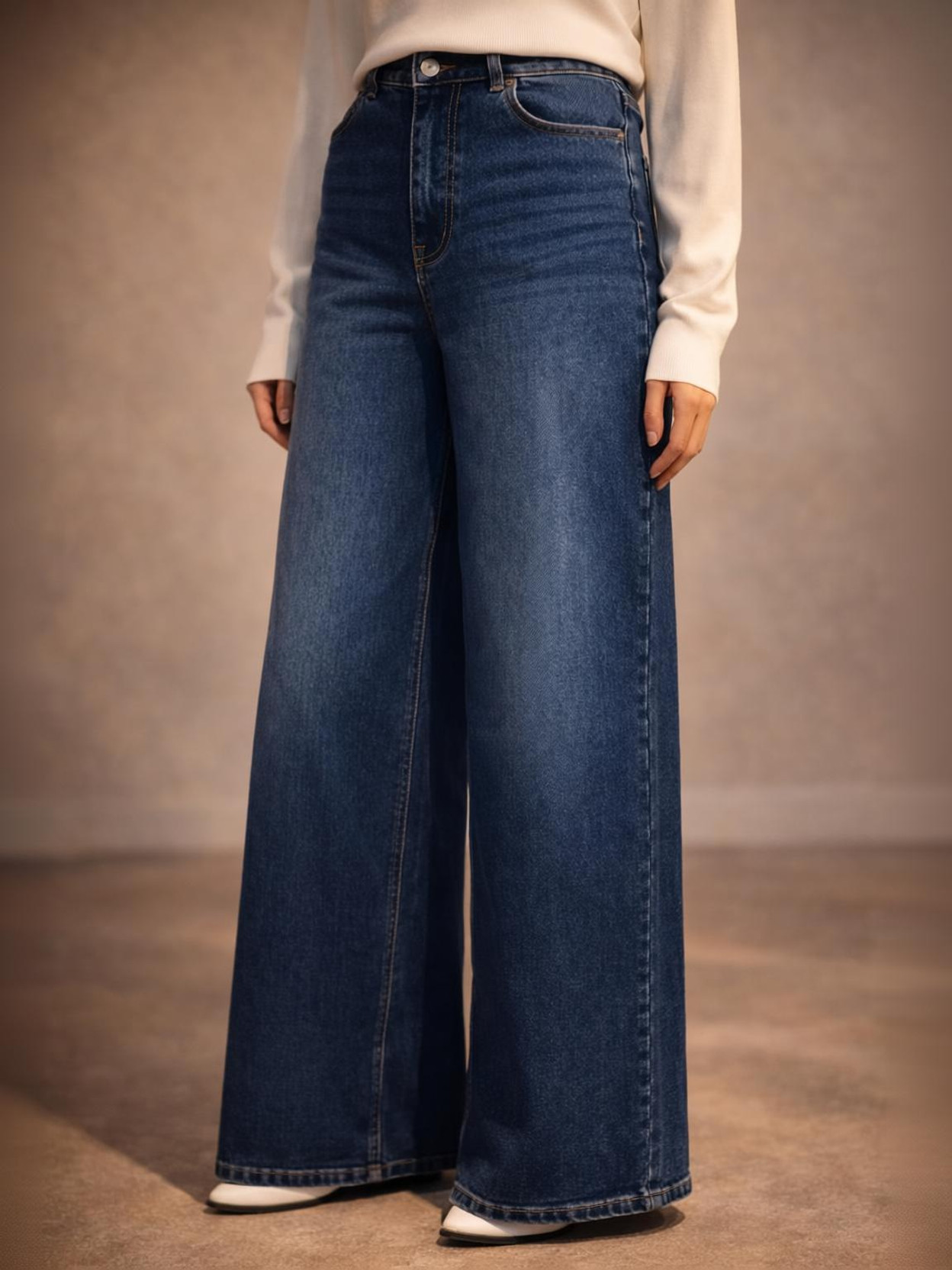 Women Wide Leg High Rise Dark Blue Jeans