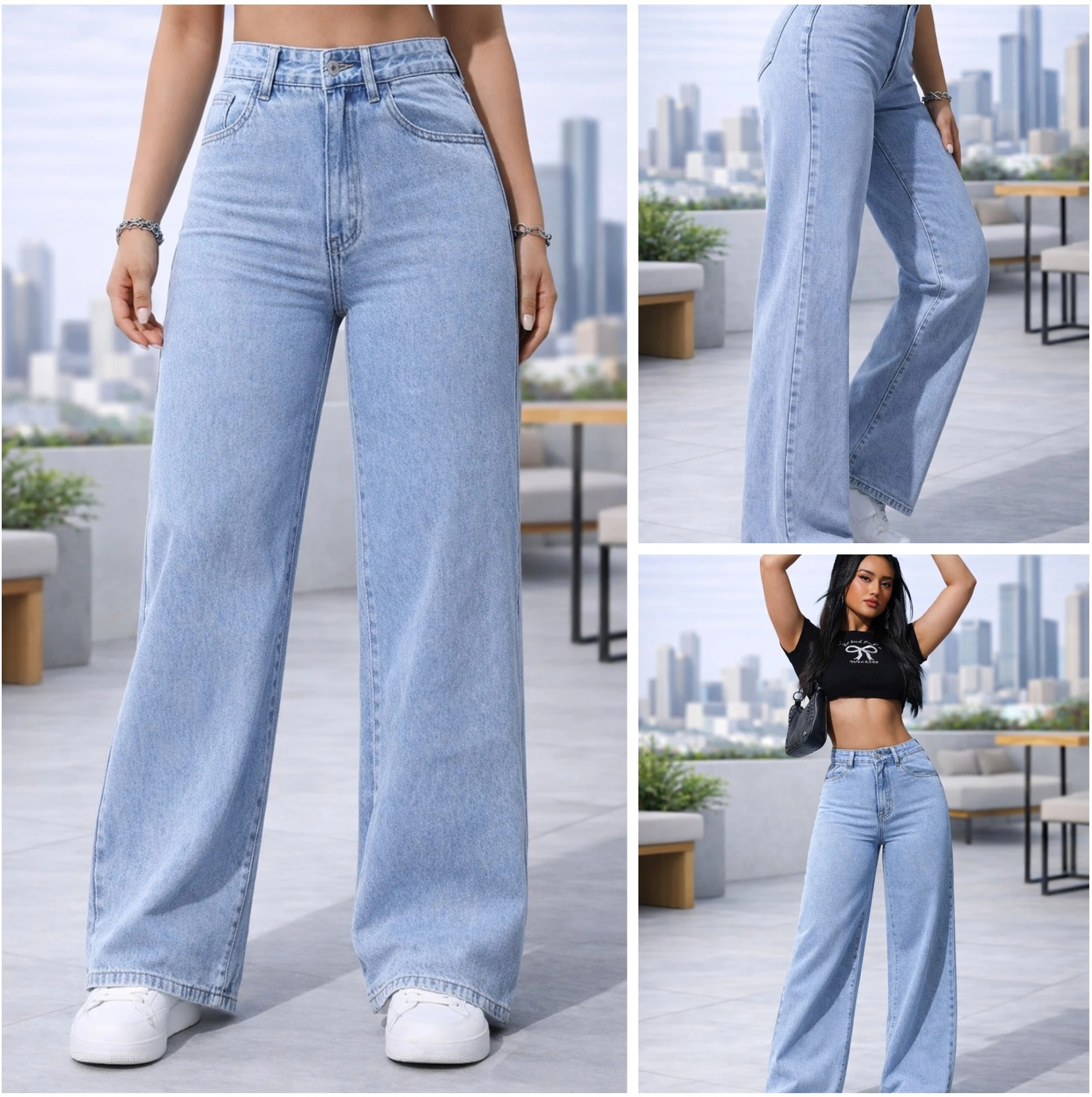 Women Wide Leg High Rise Light Blue Jeans