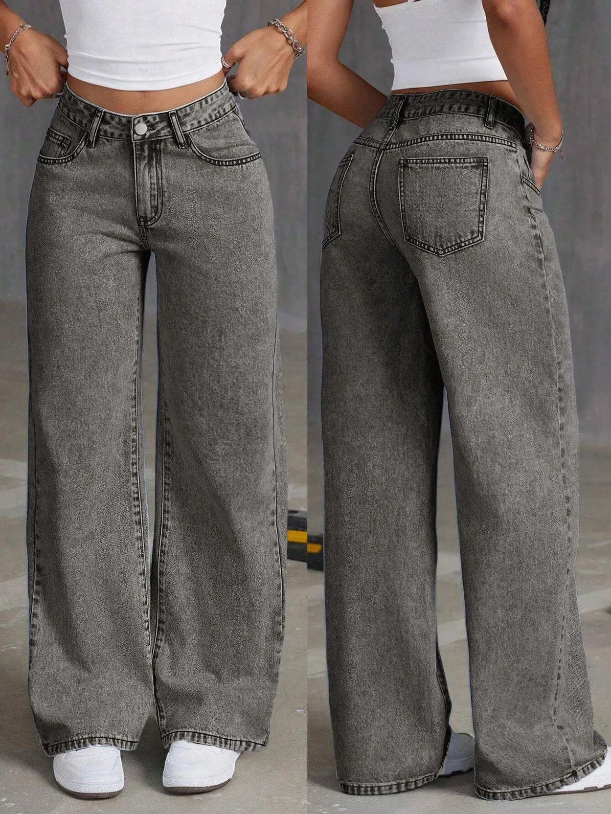 Women Wide Leg High Rise Grey Jeans
