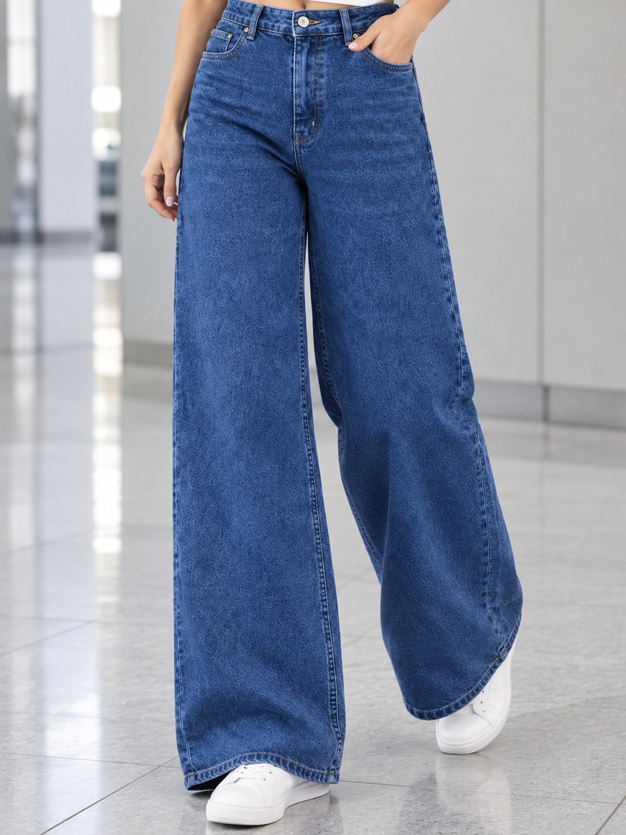Women Wide Leg High Rise Blue Jeans