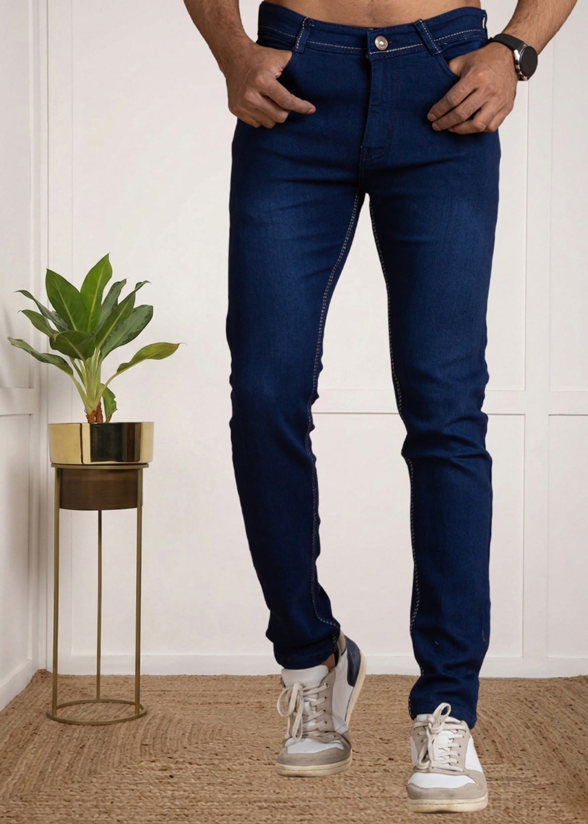 Men Slim Mid Rise Dark Blue Jeans