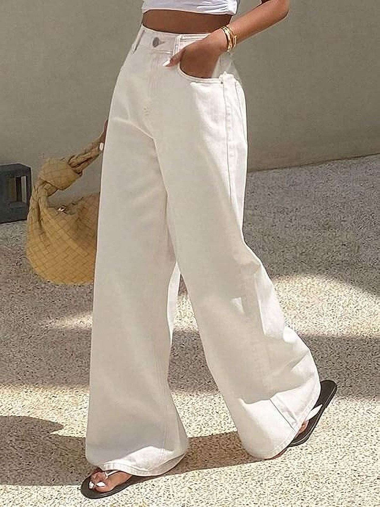 Women Wide Leg High Rise White Jeans