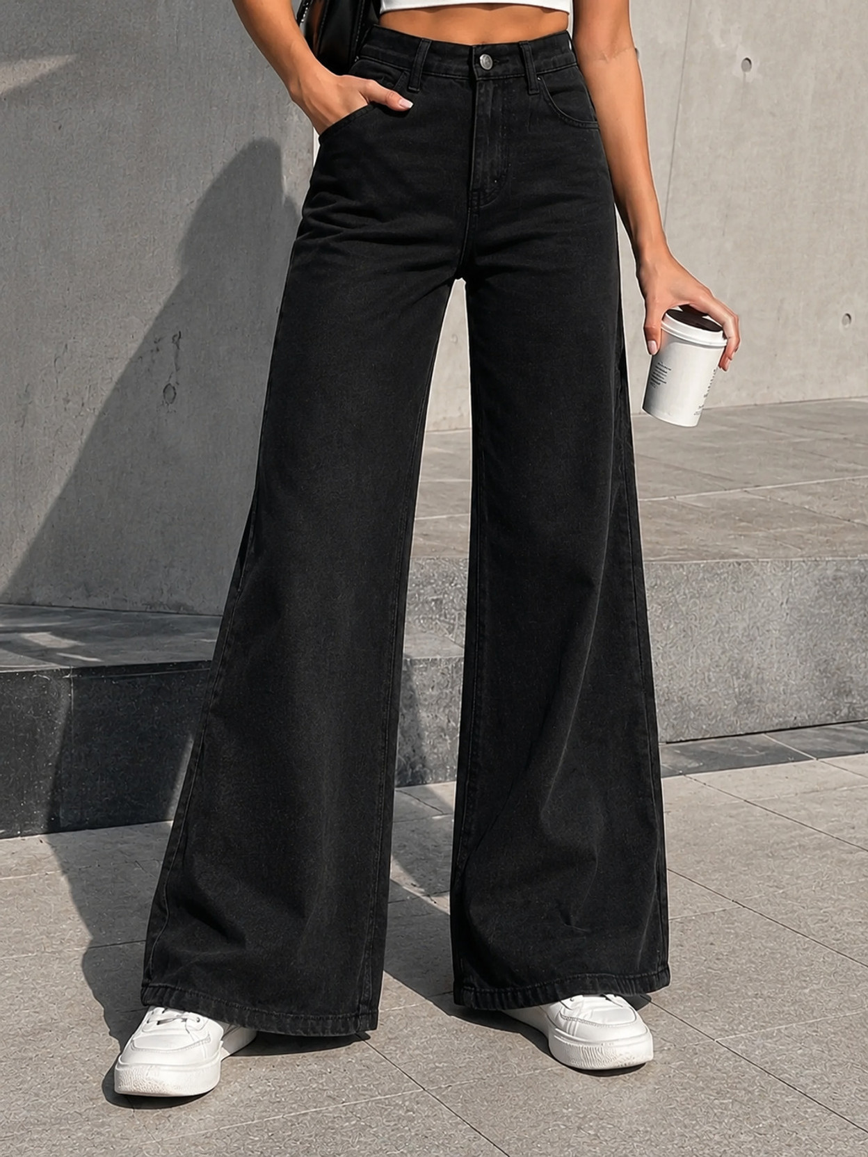 Women Wide Leg High Rise Black Jeans