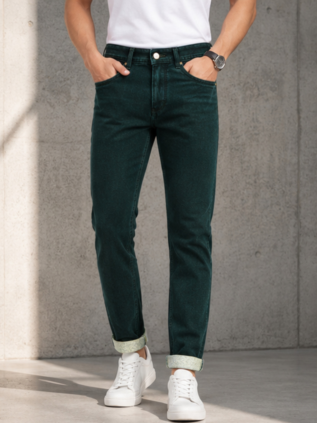 Men Slim Mid Rise Dark Green Jeans