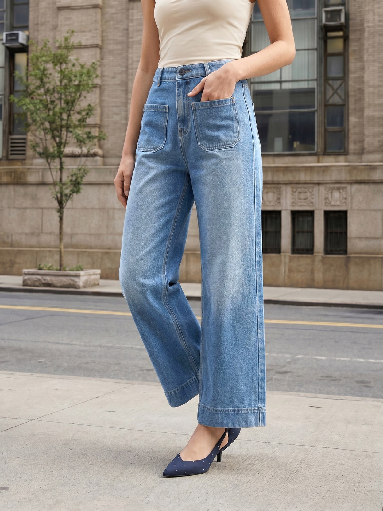 Women Wide Leg Mid Rise Light Blue Jeans