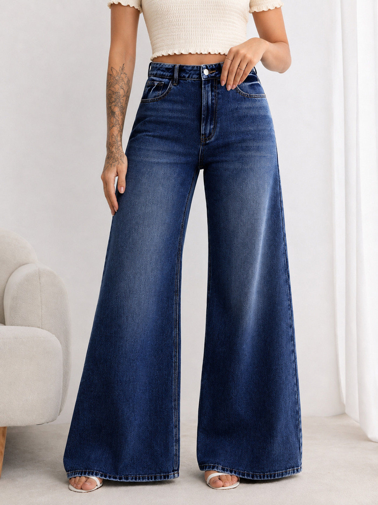 Women Wide Leg High Rise Blue Jeans