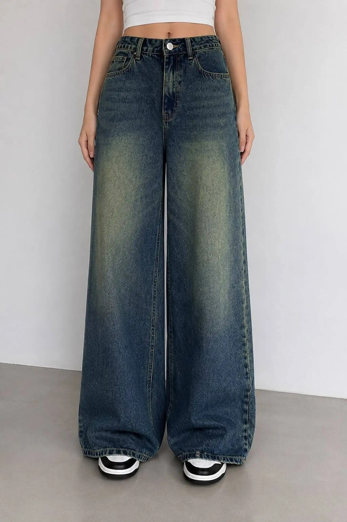 Women Wide Leg High Rise Green Jeans