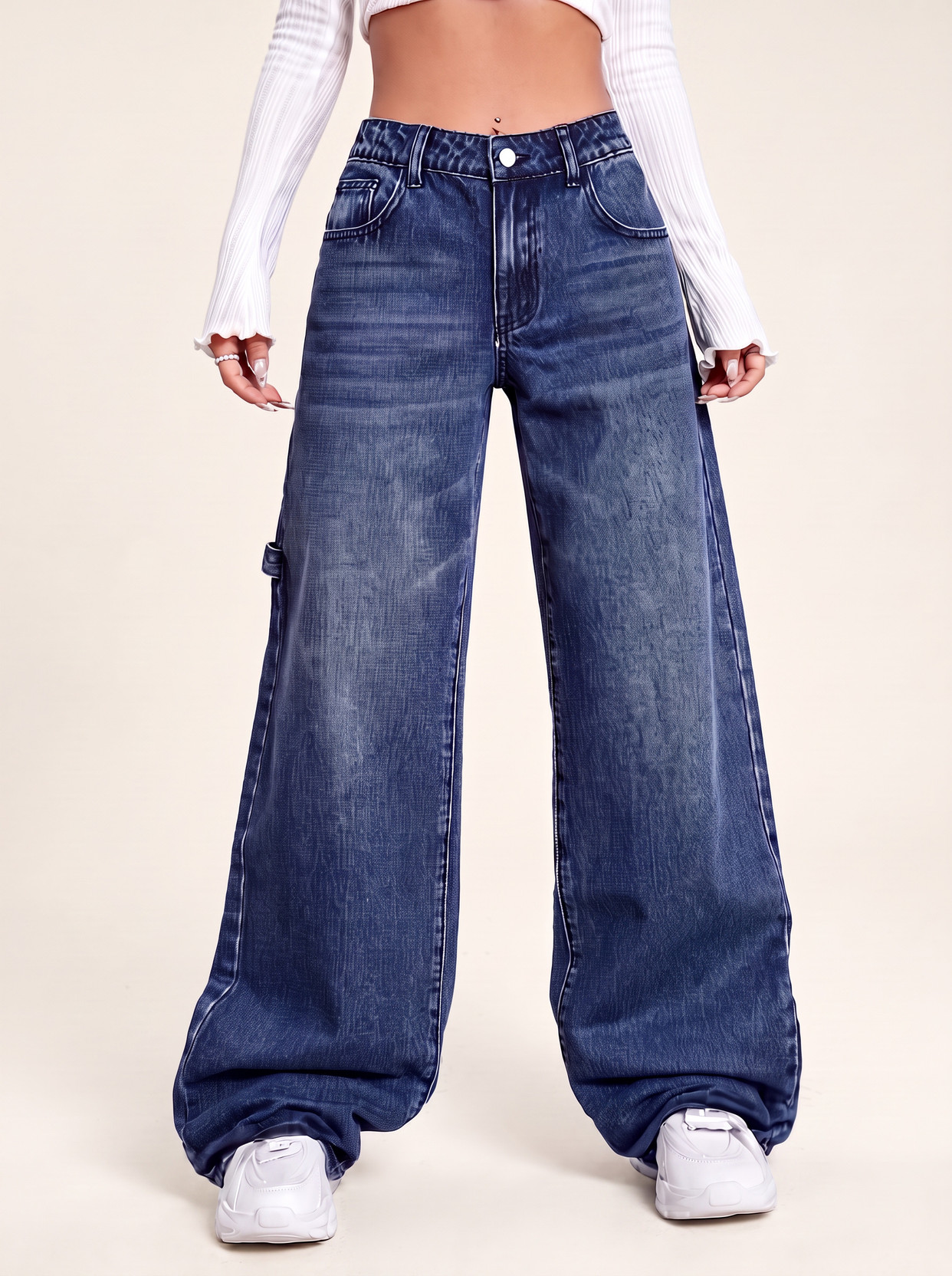 Women Wide Leg High Rise Blue Jeans