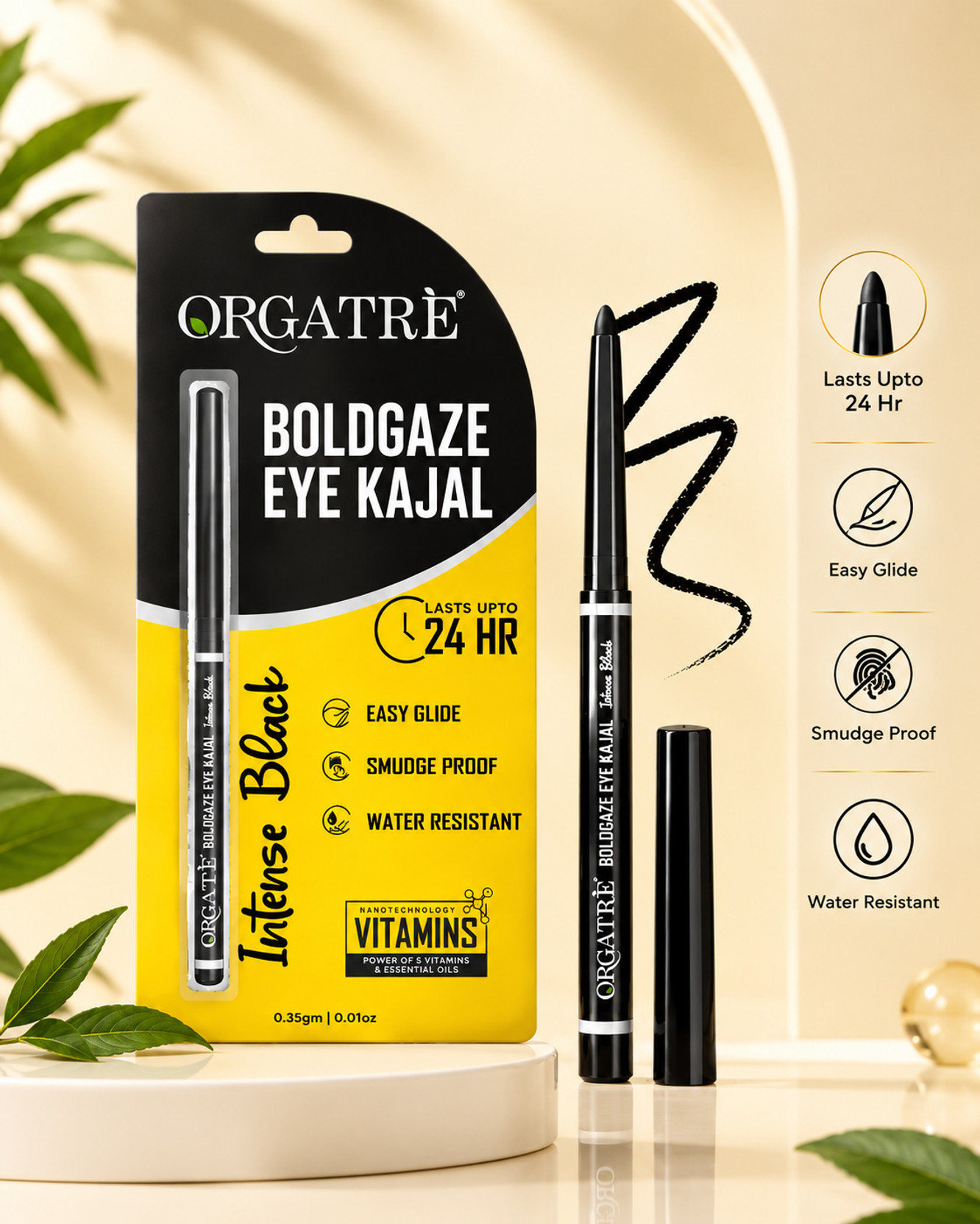 Orgatre Boldgaze Eye Kajal, 24 Hour Lasting, Easy Glide, Smudge Proof, Water Resistant