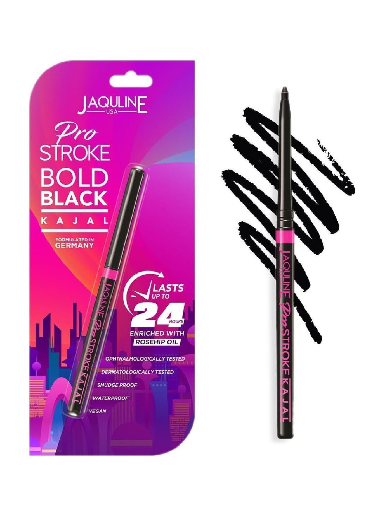 JAQULINE USA Pro Stroke Bold Black Kajal | Waterproof Smudge Proof | Vegan | 24Hr Intense