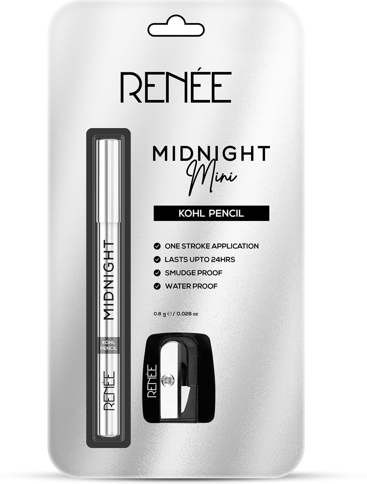Renee Mini Midnight Kohl Black Kajal Pencil - Waterproof Smudge proof With Sharpener