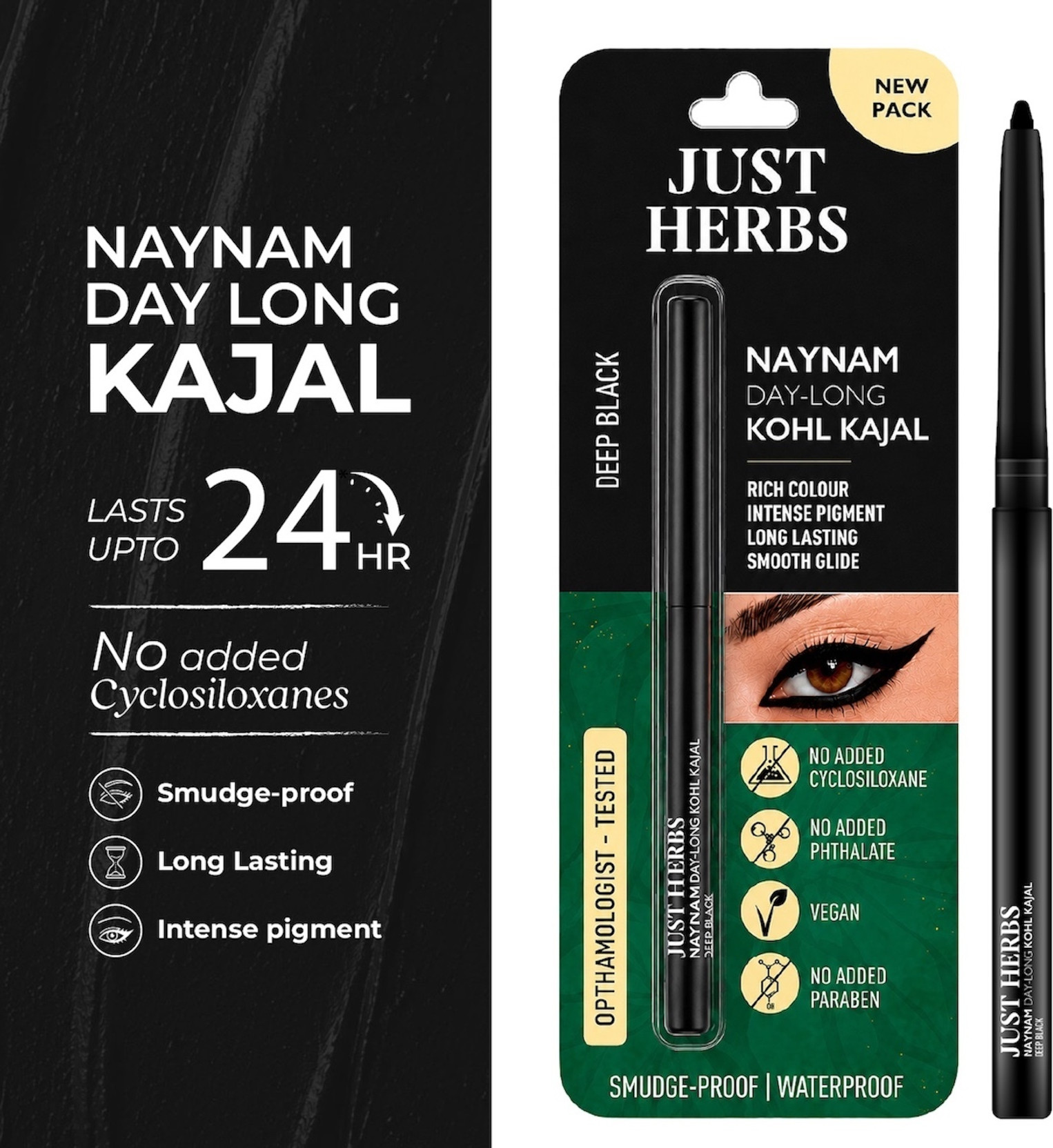 Just Herbs Naynam Day Long kohl Kajal Smudge-Proof Sweet Almond Oil & Vitamin E